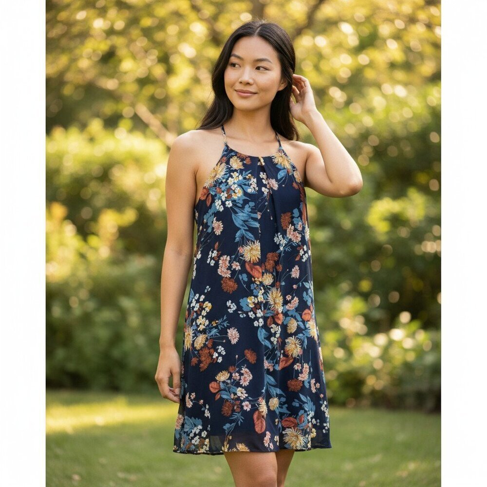 A Byer Womens Medium Navy Blue Floral Sleeveless Knee Length Strappy Dress M